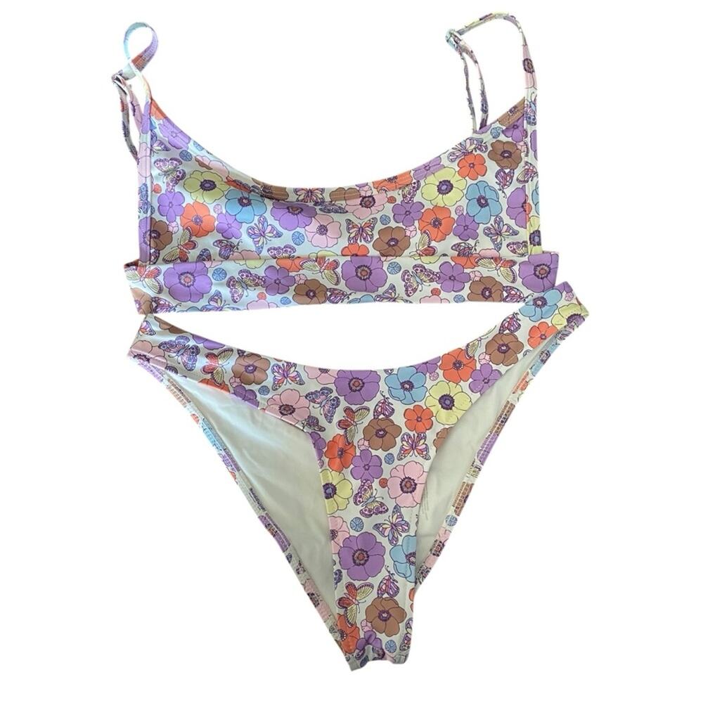 Frankie’s Gavin Bikini Matching Set size Medium White Purple Flowers